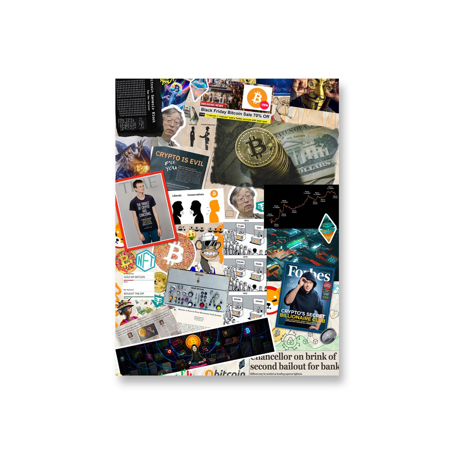 crypto collage meme poster web3 wall art inspired by bitcoin